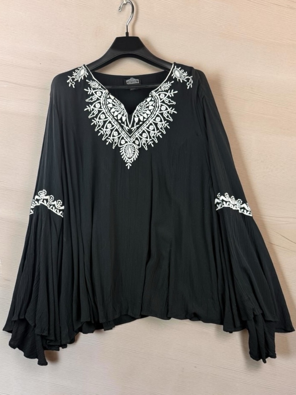 Angie Black V-Neck Bell Sleeve Tunic with White Embroidery